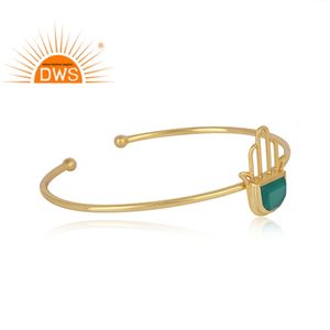 Best Selling Sterling Silver Gold Plated Natural Green Onyx Gemstone Hamsa Design Cuff <b>Bracelet</b> Demi Fine Jewelry For Women - Product Image 3
