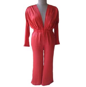 Mono elegante para mujer, cuello profundo, hombro fruncido, manga larga, satén elástico, seda, cintura completa, mono de fiesta para mujer - Product Image 1