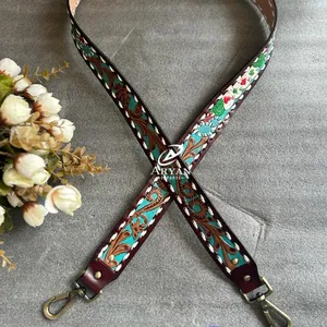 New Real Genuine <b>Leather</b> Hand Painted Replacement Bag <b>Strap</b> Western Personalized Detachable <b>Guitar</b>/ Camera <b>Strap</b> With Brass Snap - Product Image 1