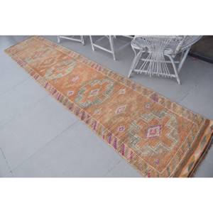 2.5x11.9 ft Vintage <b>Runner</b> <b>Rug</b>, Orange Gray Turkish Camouflage Wool <b>Rug</b> - Product Image 4