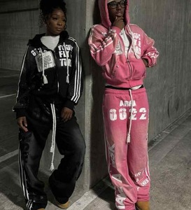 Ensemble de pantalons de survêtement à capuche zippés avec broderie en détresse personnalisée Survêtement pour hommes Survêtement lavé à l'acide avec strass et effet soleil - Product Image 1