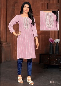 Ready Made Slub Cotton <b>Booti</b> Neck Sequence Work Kurtis for Online Sale - Product Image 4