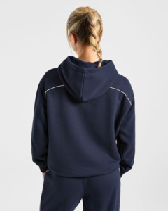 Conjunto Deportivo de Dos Piezas para Mujer, Talla Grande, con Logotipo Personalizado OEM, Sudadera con Capucha y Pantalones Deportivos Azul Marino con Ribete, Ropa Deportiva Transpirable - Product Image 5