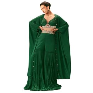 Màu xanh lá cây Ruched blouse với diềm Xếp Nếp Palazzo sharara và dupatta cho bên đám cưới Lễ Hội Indo phương Tây Dịp mặc - Product Image 3