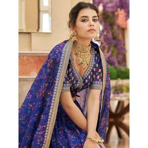 Magnifique Lehenga Choli en Organza Imprimé Numérique Bleu pour Tenue de Réception de Mariage - Product Image 1