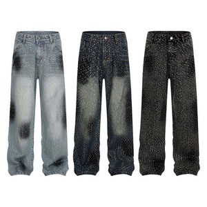 Jean droit en denim délavé pour homme, style streetwear personnalisé, avec strass, haute qualité, fermeture éclair - Product Image 1