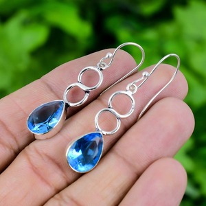 Boucles d'oreilles style bohème en argent faites à la main bijoux en argent sterling 925 topaze bleue pierres précieuses boucles d'oreilles tendance bijoux pour femmes cadeau - Product Image 2