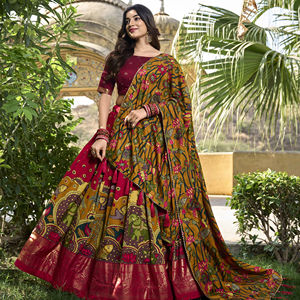 Premium Kalamkari impreso Tussar seda Lehenga Choli Set con papel de aluminio Dupatta borlas lienzo cosido diseño de ropa de fiesta - Product Image 1