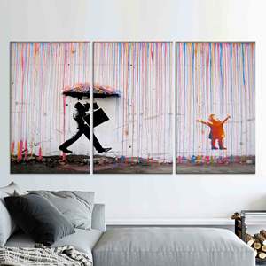 Lienzo Impreso: Graffiti de Banksy - Lluvia Colorida, Paraguas Infantil, Juego de 3 Lienzos - Product Image 1