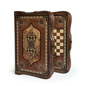 Ensemble de backgammon en bois massif sculpté à la main, artisanal, rose - Product Image 1