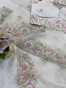 Precioso impresionante diseñador indio blanco Organza Sari última blusa de lujo exclusiva calidad superior nupcial étnico PartyWear mujeres - Product Image 2