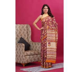 Malmal Sari en coton élégant pour femmes beau style Bollywood imprimé dessiné à la main pour les fêtes vêtements d'été - Product Image 2