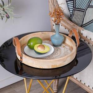 Round Decorative <b>Tray</b> for Home Decor,Boho Coffee Table <b>Tray</b> Decor for Living Room, <b>Wooden</b> <b>Tray</b> for Decor with Handles - Product Image 1