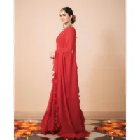 Sari en soie non tissée Rose Rouge Royale, ample, d'été, uni, longueur ras du sol, demi-manches, travail artisanal, léger, vintage, col en V, pour soirée