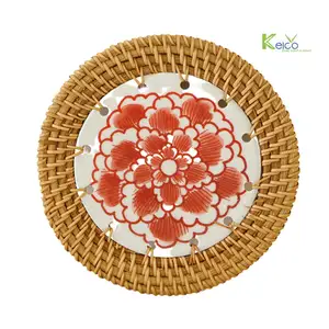 Wholesale Cheap Price Round Rattan And Ceramic Handwoven Plate Coasters, Wicker Coasters, Woven Coaster made in Vietnam