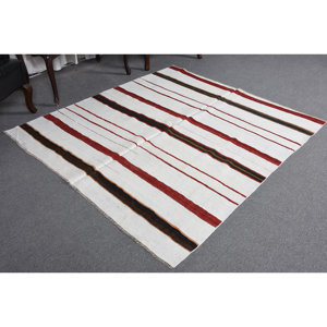 Alfombra de lana roja y blanca moderna, alfombra turca de tejido plano de 5,3x5,7 pies para sala de estar, 9x12, patrón de retales rectangulares, respaldo de látex - Product Image 4
