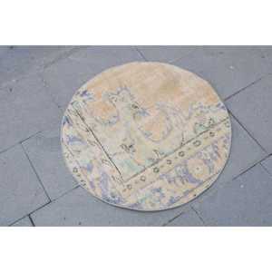 พรมวินเทจทรงกลมสไตล์ตุรกี ขนาด 2.3x2.3 ฟุต สีน้ำเงินน้ำตาลลายพราง ทำจากขนสัตว์ - Product Image 3