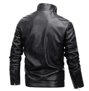 Blouson en cuir noir à col rond, doublé en sherpa, fermeture éclair intégrale, imperméable, écologique, vente chaude d'hiver - Product Image 2