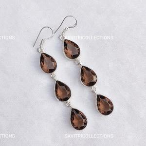 Pendientes Colgantes de Cuarzo Ahumado con Múltiples Piedras, Chapados en Plata 925, Joyería de Lujo Hecha a Mano para Fiestas y Eventos - Product Image 1