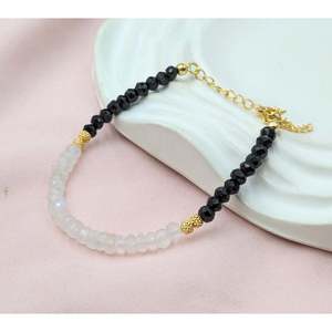 Gold Plated Beaded Bracelet with Black Spinel Rainbow Moonstone Onyx Zircon & Pearl <b>Charm</b> <b>Bangles</b> for Gifts - Product Image 4