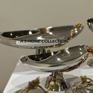 Cuenco decorativo de acero inoxidable y aluminio de estilo moderno, pulido brillante, dos tamaños diferentes, mango de flor dorada para el hogar - Product Image 1