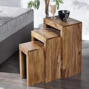 Mesas auxiliares anidadas de madera maciza, Juego de 3 taburetes con acabado natural para el hogar, comedor, sala de estar, cocina o muebles de Hotel - Product Image 1