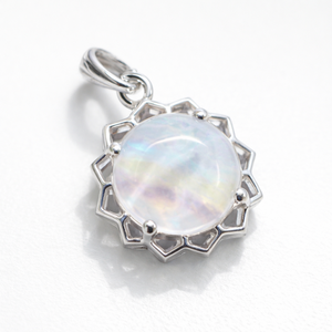 Handmade Minimalist Sterling Silver Rhodium Plated 12mm <b>Moonstone</b> Round Flower Classic <b>Pendant</b> Unisex Fine Jewelry Gift - Product Image 2