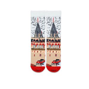 Colorful Seamless Nylon <b>Socks</b> Embroidered Galata Tower Design Breathable <b>Warm</b> One Size Fits Most for Daily Use Winter Season - Product Image 1