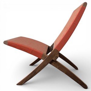 Custom Weather Resistant Hand-Woven Teak Wood Folding Lounge <b>Chair</b> Outdoor Portable <b>Deck</b> Geometric Orange Rope Weaving Pattern - Product Image 2