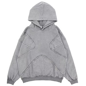 Sweat-shirt à capuche gris surdimensionné, design patchwork, unisexe, en coton molletonné, streetwear, vêtements d'automne - Product Image 1