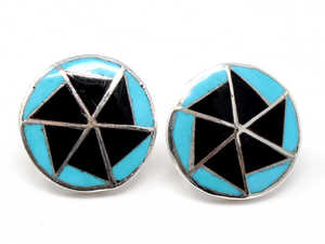 Pendientes de Plata de Ley 925 Chavez Zuni Turquoise & Jet Stud Estilo étnico Ajuste de bisel Chapado en plata para fiesta o regalo - Product Image 4