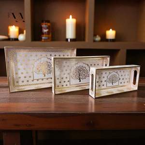 Set of Three Handcrafted Wooden MDF Serving Trays with Golden <b>Foil</b> Premium Quality Single Tier for Home <b>Kitchen</b> Living Room - Product Image 5