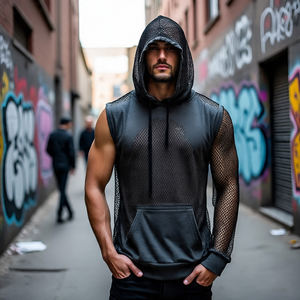 เสื้อมีฮู้ดปักลายตาข่ายสำหรับผู้ชายเสื้อกล้ามแขนกุดมีฮู้ดแขนกุดสำหรับออกกำลังกายฟิตเนสการเพาะกายออกกำลังกาย - Product Image 2