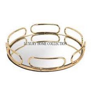 Stunning golden finished metal glass <b>mirror</b> <b>tray</b> <b>with</b> intricate carvings for centerpiece display and elegant table arrangement. - Product Image 1