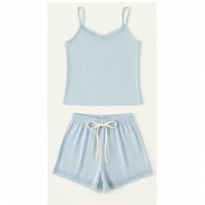 Conjunto de Camisola y Pantalones Cortos de Punto Acanalado con Ribete de Encaje de Buena Calidad, Ropa de Dormir para Mujer, Cintura Elástica, Conjuntos de Ropa para Mujer, Fabricante de Ropa - Product Image 1