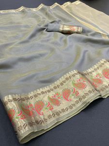 Traditionele Look Indian <span class=keywords><strong>Designer</strong></span> <span class=keywords><strong>Saree</strong></span> In Organza Zijde Met Weefwerk Rand Met Blouse Stuk - Product Image 3