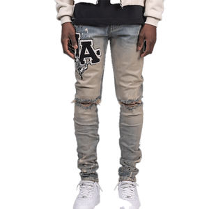 Nouvelle tendance jean brodé ample jambe droite Denim pantalon sérigraphie tissé Denim solide motif cristal Rivet printemps - Product Image 2