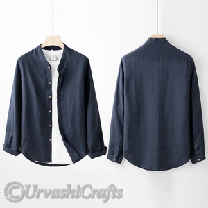 Conception à la mode de qualité supérieure col Mandarin pur lin coton à manches longues vêtements décontractés pour hommes chemise solide douce et respirante - Product Image 6