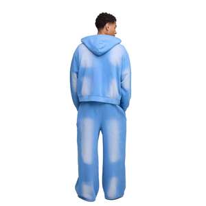 Heavyweight Distressed Embroidery Sunfaded Zip up Acid Wash <b>Hoodie</b> Flare Sweatpants Set Vintage Tracksuit - Product Image 5