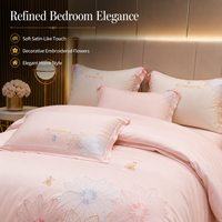 Ensemble de housse de couette brodée de fleurs roses de luxe, literie douce effet satin avec taies d'oreiller