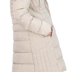 Veste longue matelassée pour femme en toile respirante imperméable en coton avec logo personnalisé, capuche contrastée et capuche amovible - Product Image 3