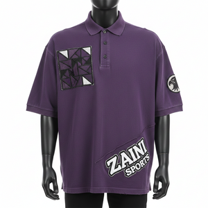 Camiseta polo para hombre, 230 GSM, algodón premium, poliéster, tejido piqué, color morado, panel diagonal con apliques bordados, talla S. - Product Image 2
