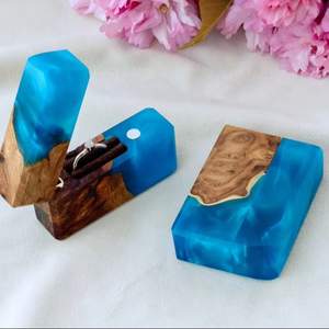 RÚSTICO HECHO A MANO Venta al por mayor Propuesta de compromiso Boda Único Doble Ranura Caja de anillo de joyería de madera y resina - Product Image 1