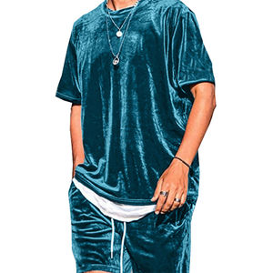 Custom Summer Velour Shorts Set 2PCs Crew Neck Men Velvet Sweatsuits Conjuntos a juego Chándal - Product Image 1