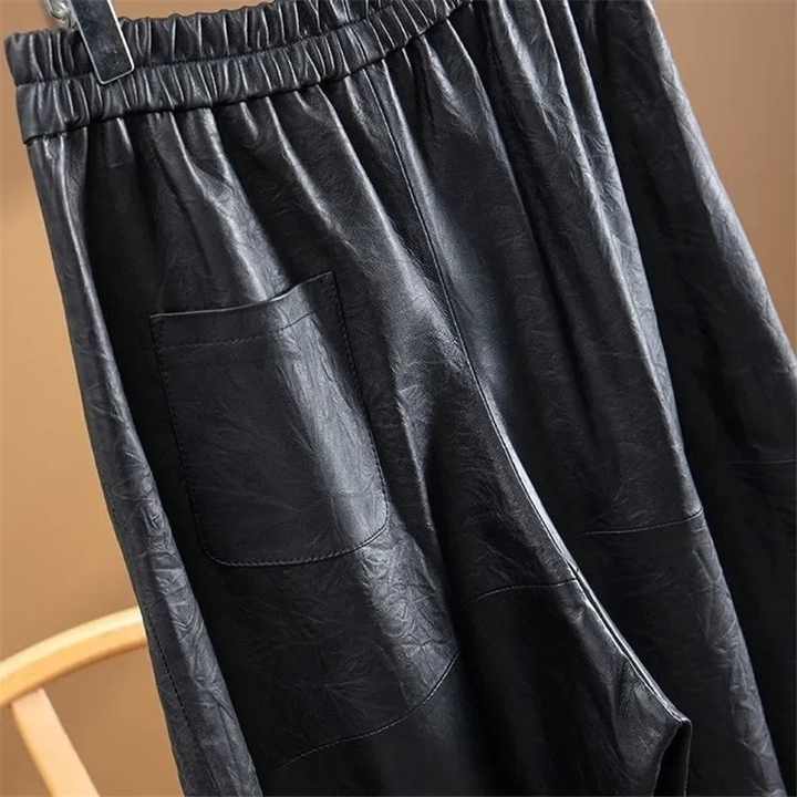 Street Wear Black PU Leather Pants Women Pocket Elastic Waist Lantern Vintage Autumn Winter Ankle-Length Trousers Z982