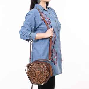 Direct From Factory Manufacturer Western Bohemian Design Floral Hand Tooled <b>Crossbody</b> Tote <b>Bag</b> with Zipper Closure Autumn - Product Image 2