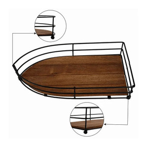 Plateau de service moderne en fil de fer en forme de bateau Plateau de service en bois fini noir Thé Café Snacks Polyvalent Utilisé Maison - Product Image 3