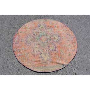 Tapis turc vintage 4.7 x 4.8ft fait à la main Orange vert Patchwork Design laine Viscose Latex pour salon couloir forme Rectangle - Product Image 3