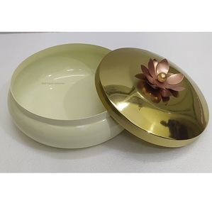 White With Gold Round Hammered Metal Candle Bowl With Flower <b>Knob</b> Lid for Wedding and Festival Decor Candle Bowls - Product Image 2