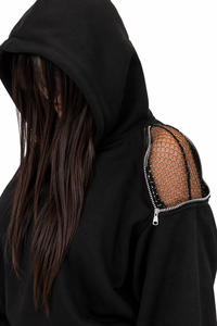 Ensemble 2 pièces streetwear d'hiver pour femme, personnalisé avec strass, coupe ample, dos nu, manches longues, sweat à capuche et pantalon zippé - Product Image 4
